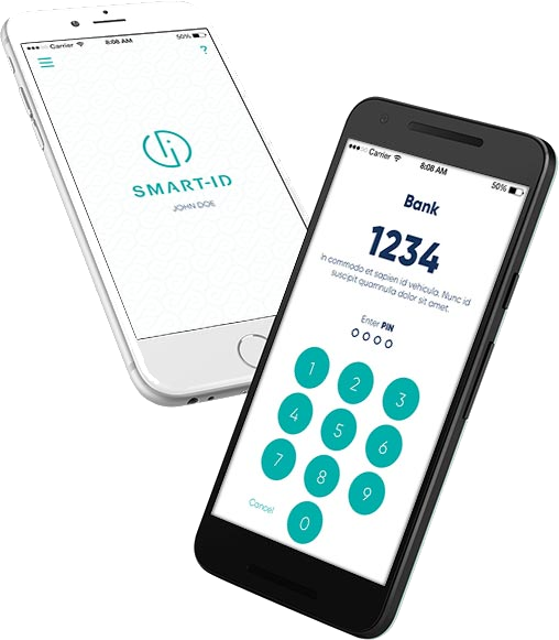 Приложение Smart-ID на двух телефонах, экран ввода PIN-кода для входа в банк